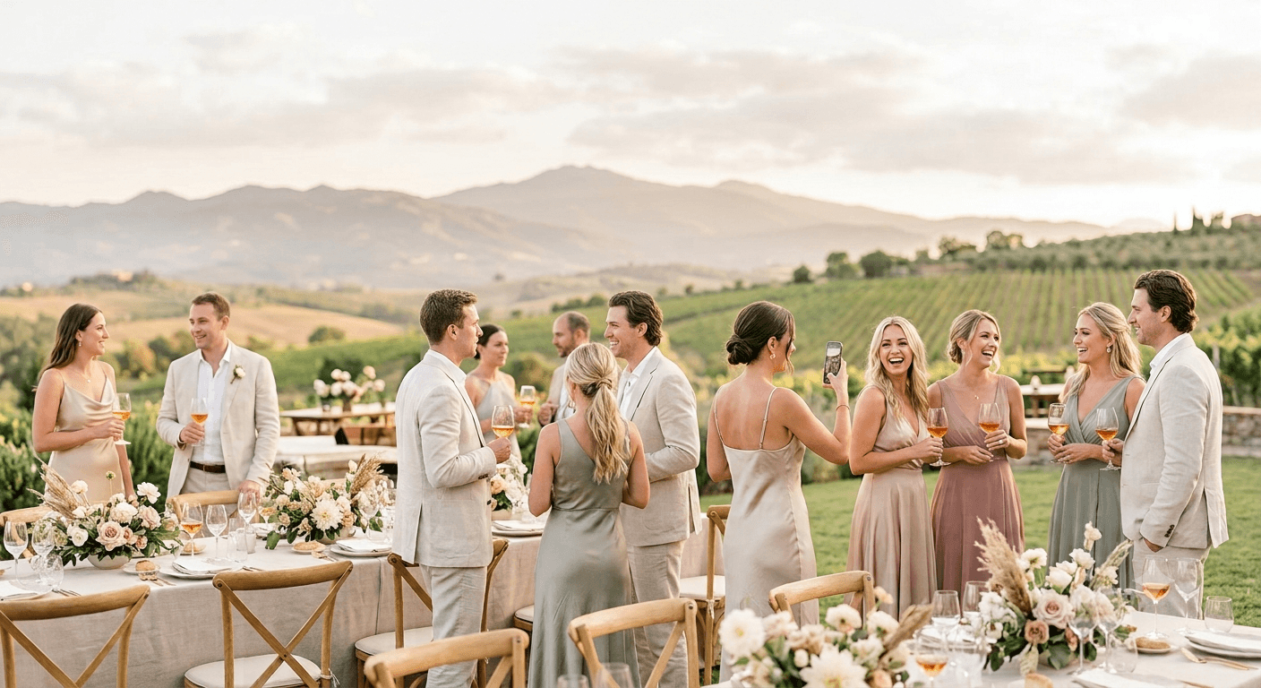Guests capturing photos at an outdoor wedding celebration